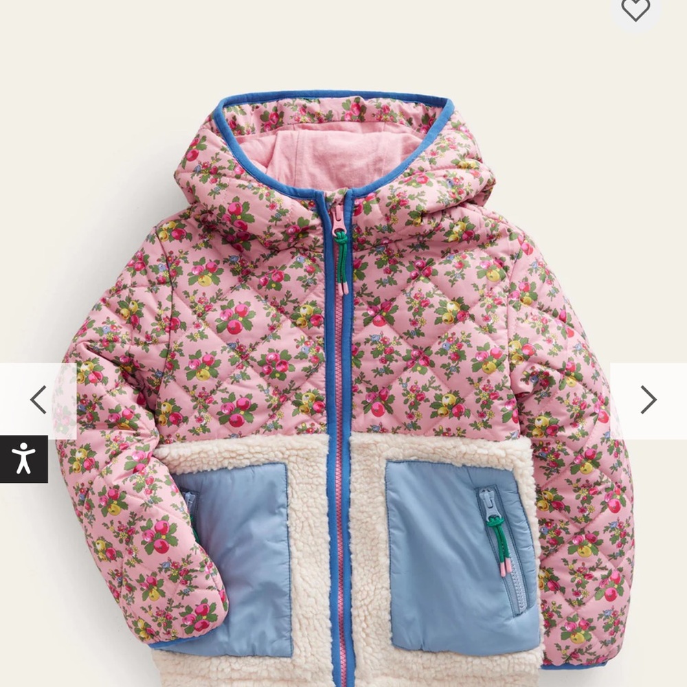 Mini Boden Pink Floral Quilted Puffer Jacket with Blue Trim